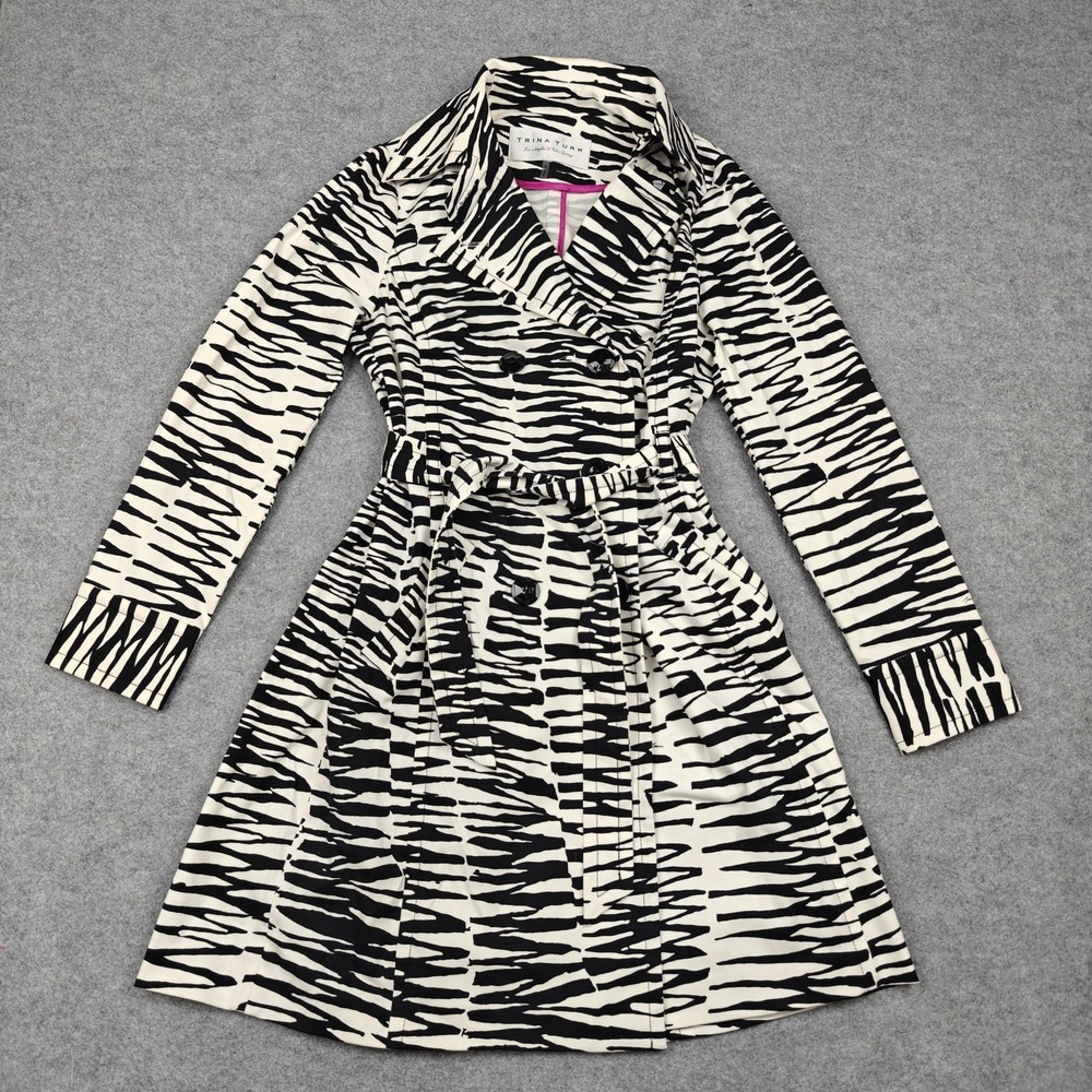 Trina Turk Coat Womens 4 White‎ Zebra Cotton Blend Trench Belted Lined Twill